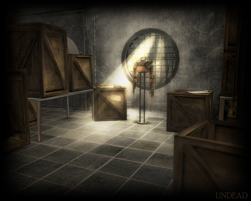 armored figure in dim room