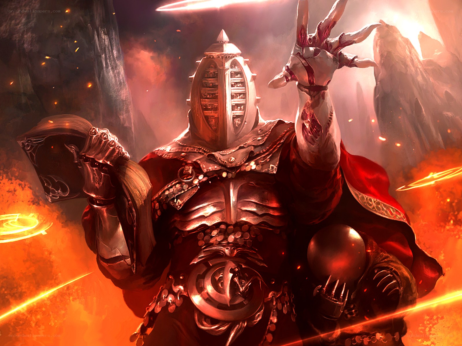 armored figure in fiery landscape