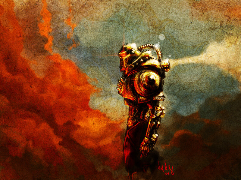 Armored figure in fiery sky