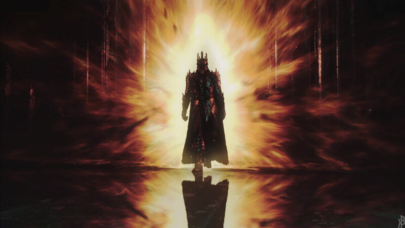 Armored Figure in Flames — Black, Dramatic