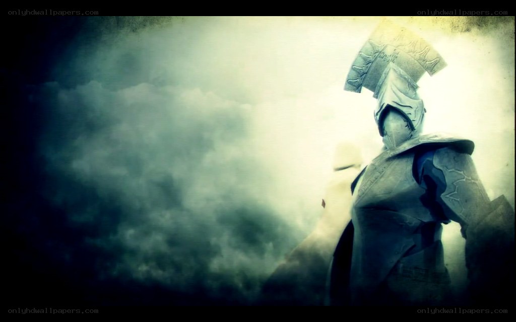 armored figure in mist