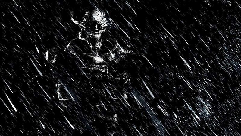 Armored Figure in Rain — Black, Dramatic, Night, Digital Art, Darkness