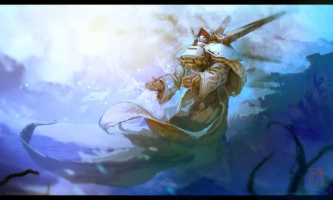 armored figure in storm