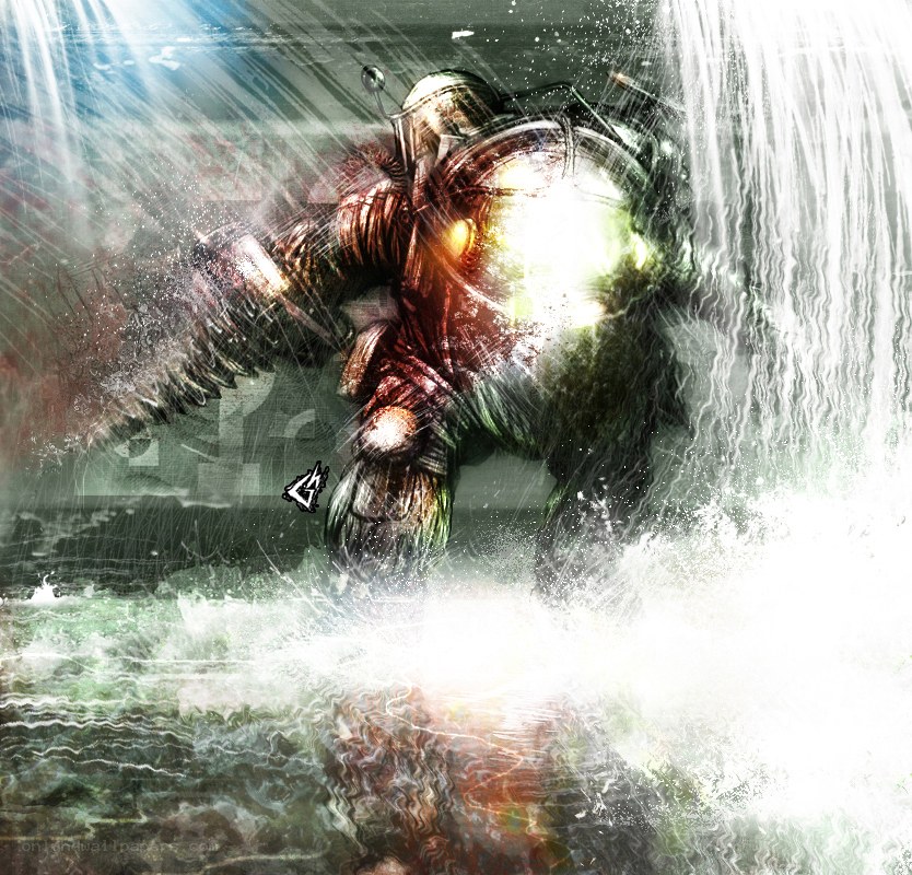 armored figure in water