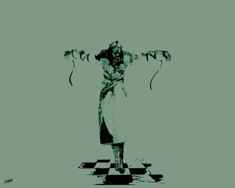 armored figure on checkered floor