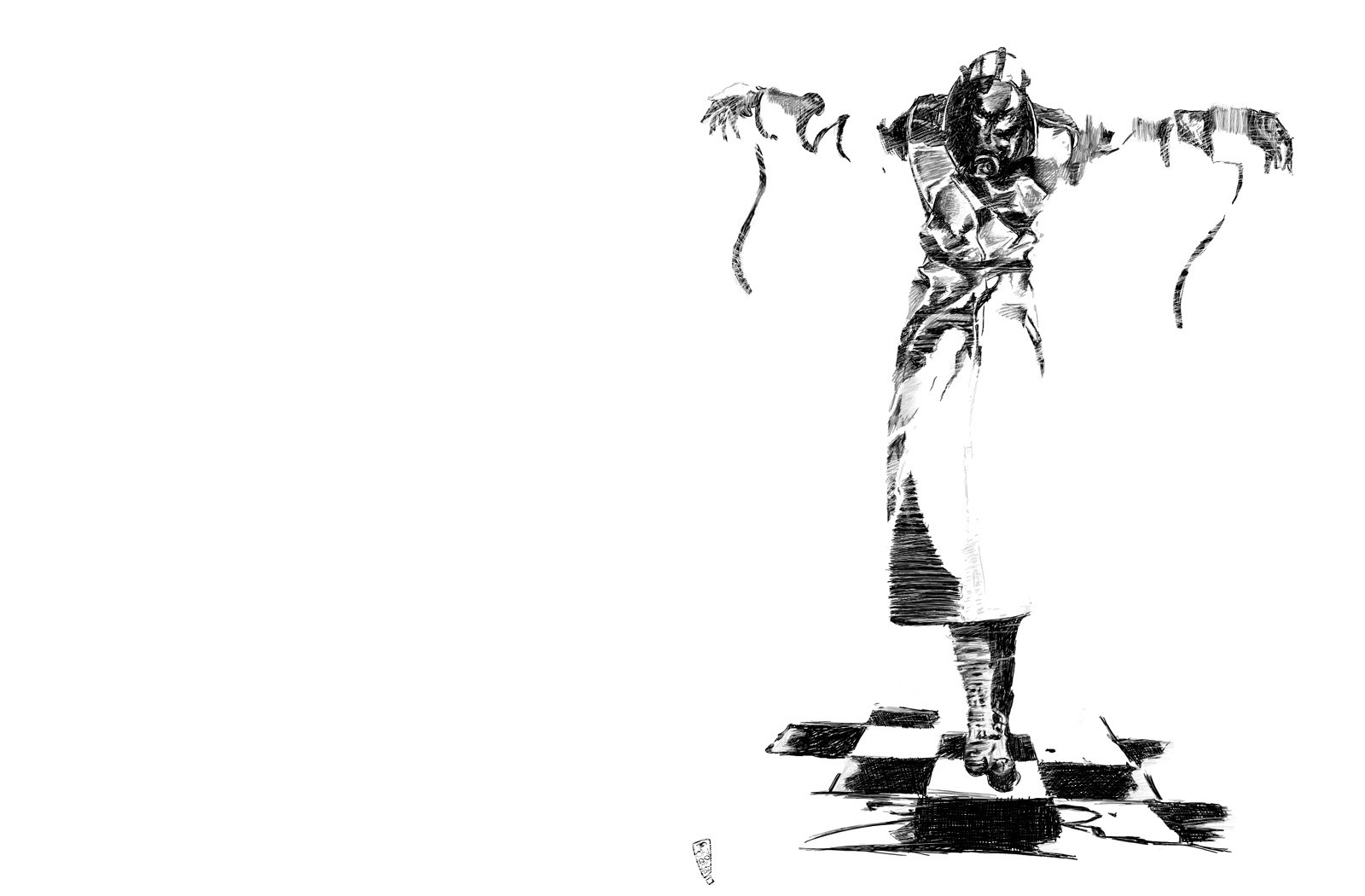 armored figure on checkered floor