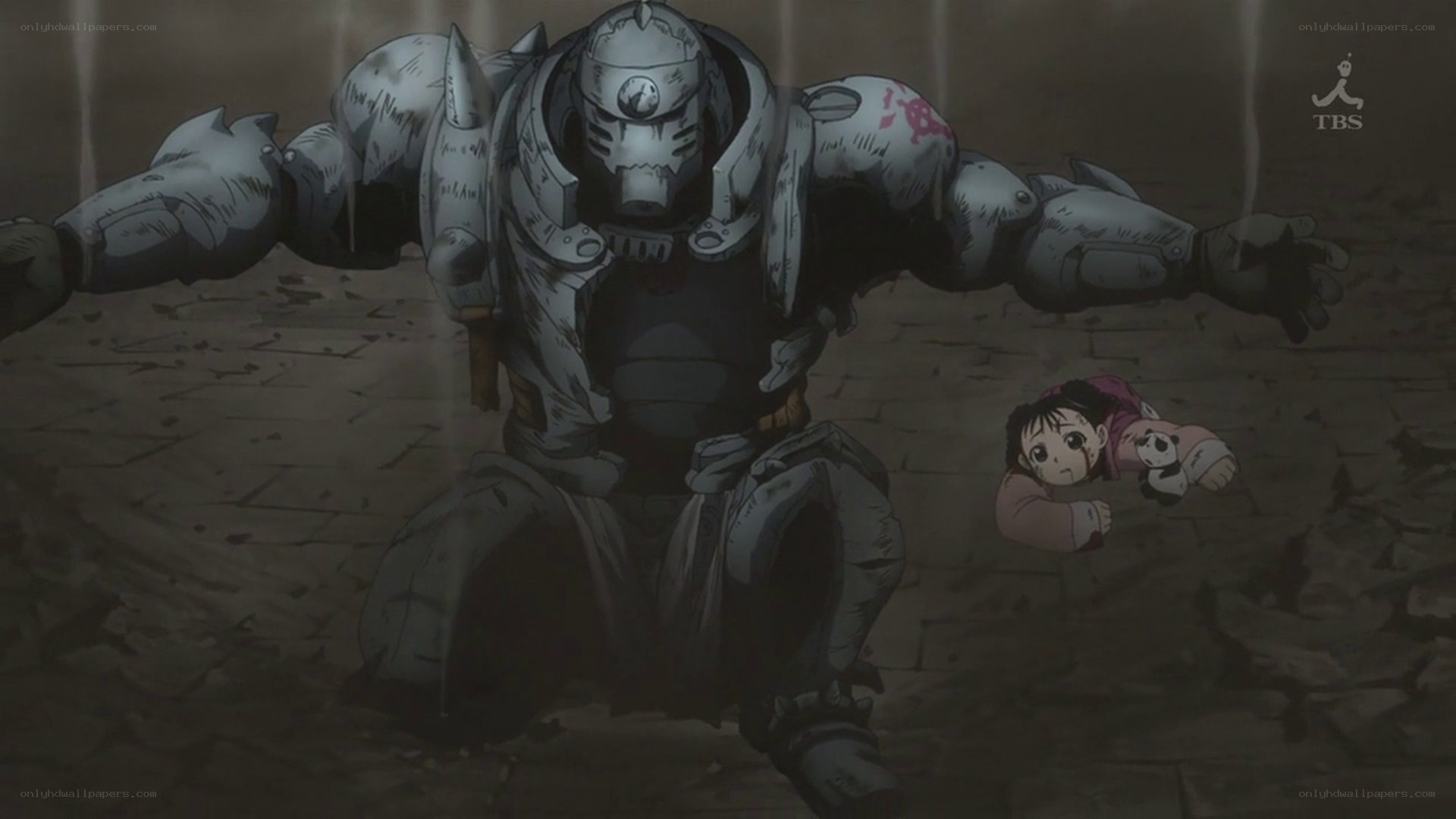 Armored figure protects child