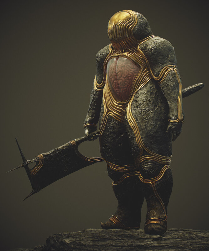 Armored Figure with Exposed Brain