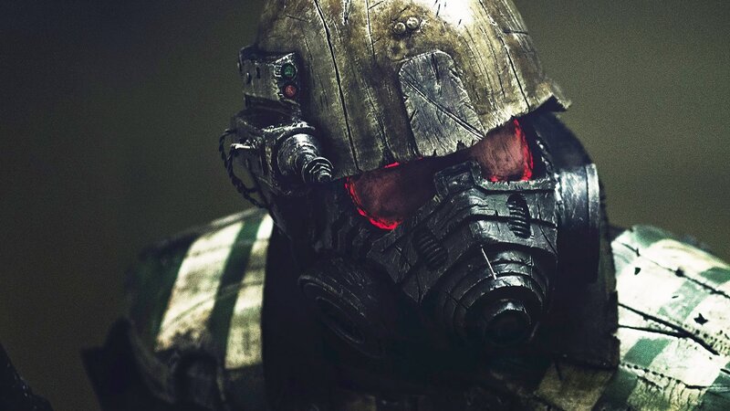 Armored Figure with Glowing Eyes — Black, Dramatic