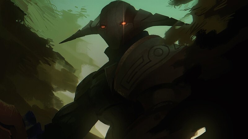 Armored Figure with Glowing Eyes — Green