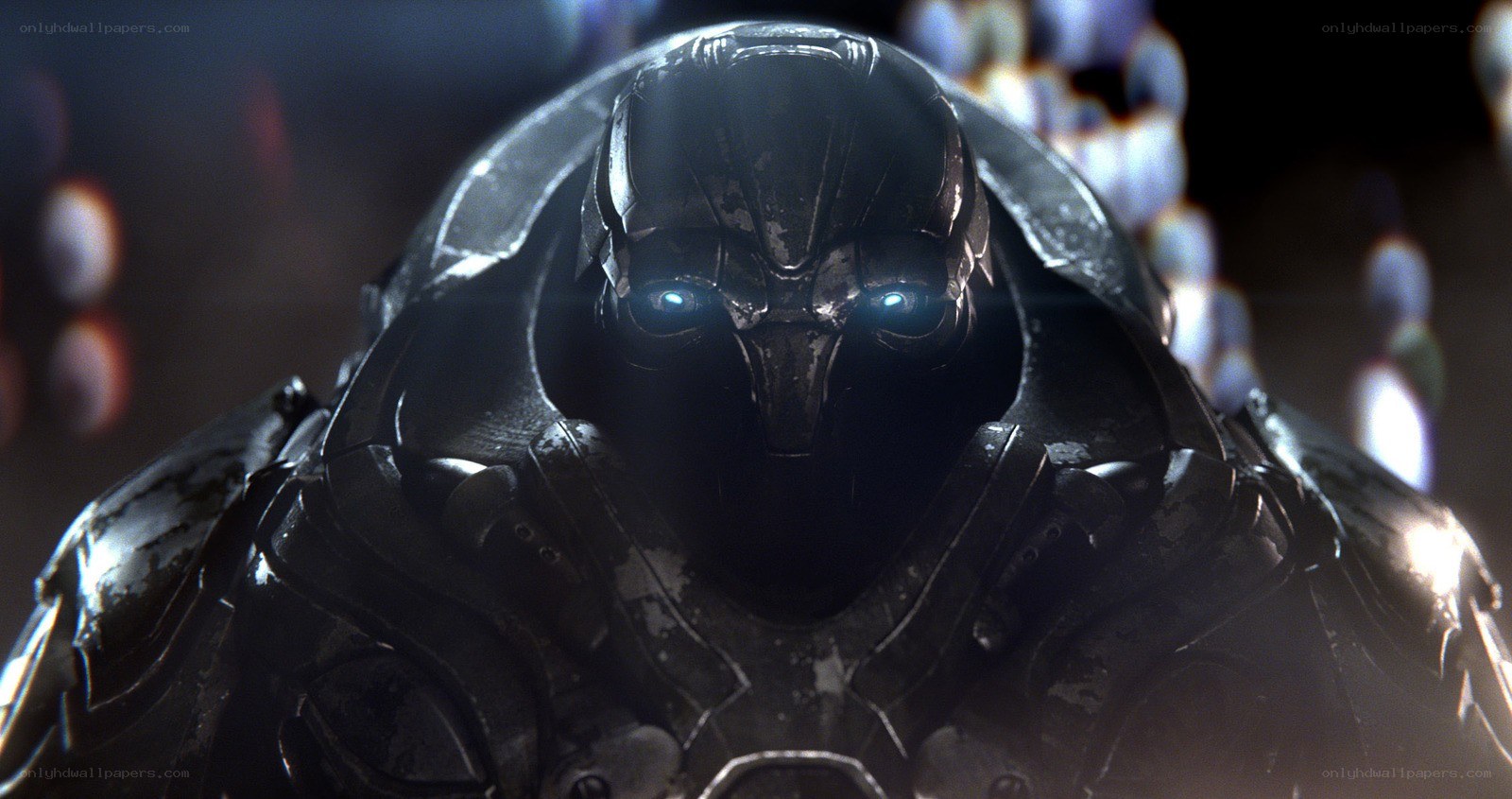 armored figure with glowing eyes