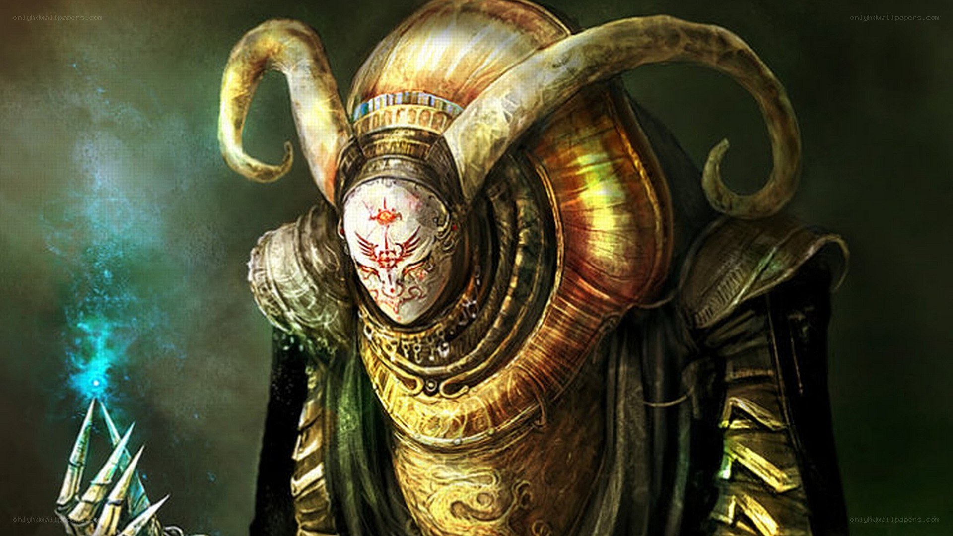 armored figure with glowing staff
