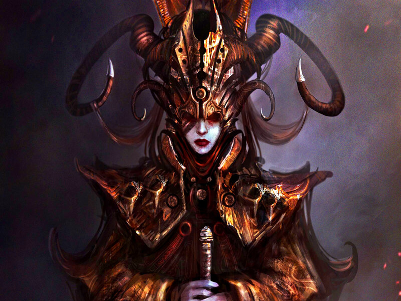 Armored Figure with Horns — Brown, Dramatic