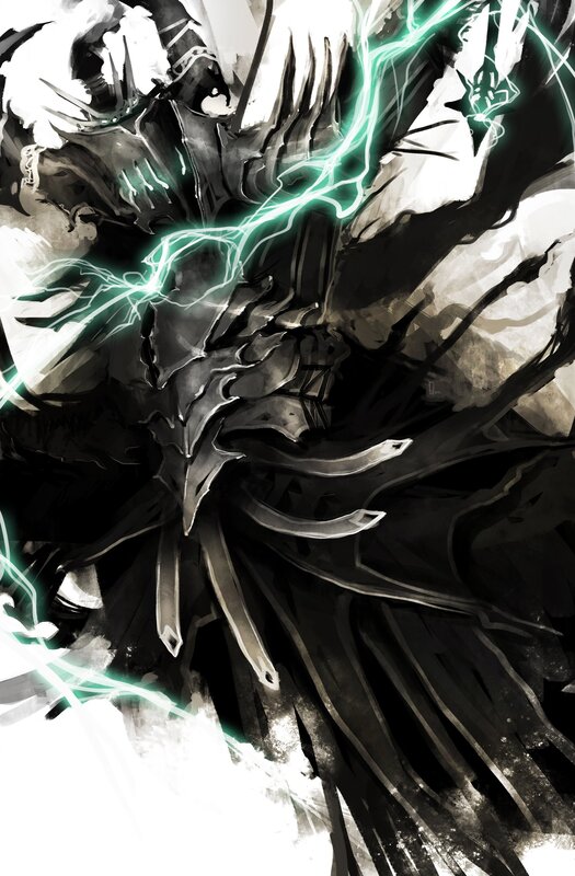 Armored Figure with Lightning — Black, Dramatic, Digital Art