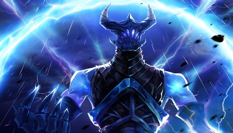 Armored Figure with Lightning — Blue, Dramatic, Digital Art