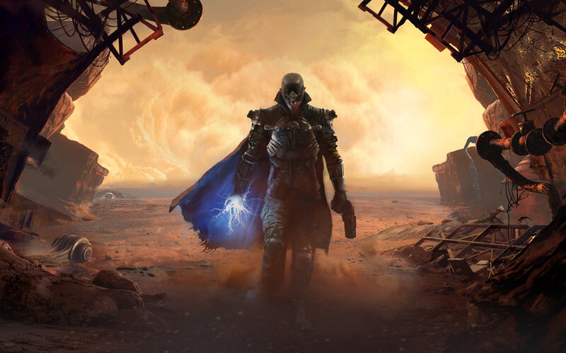 Armored Figure with Lightning — Brown, Dramatic
