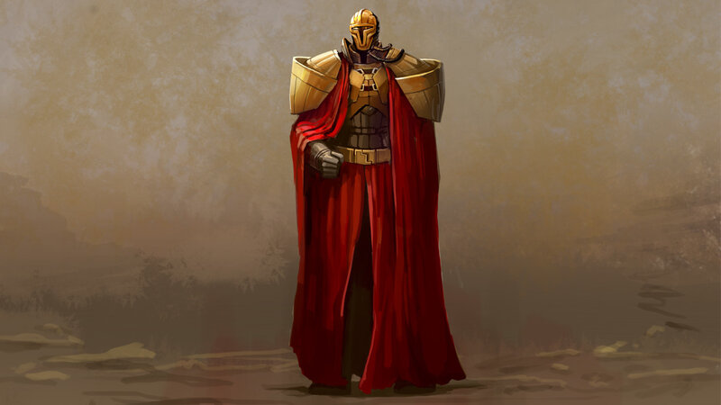 Armored Figure with Red Cape — Dramatic