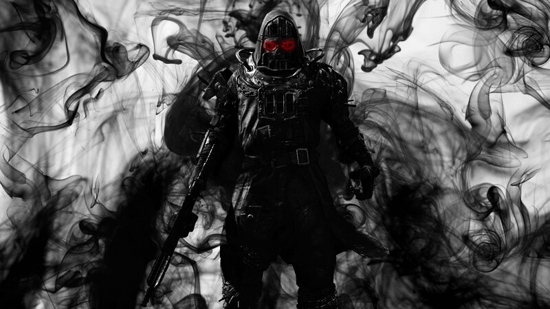 Armored Figure with Red Eyes — Black, Dramatic