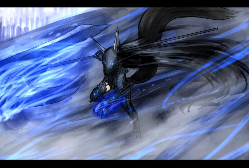 Armored Figure with Sword — Blue, Dramatic, Digital Art
