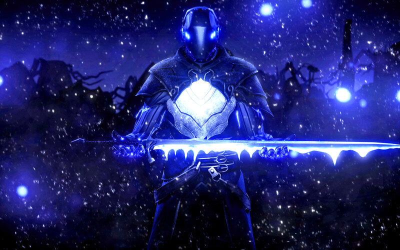 Armored Figure with Sword — Blue, Dramatic, Night