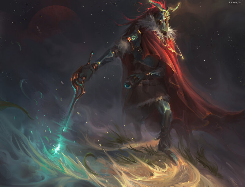 Armored Figure with Sword — Red, Dramatic