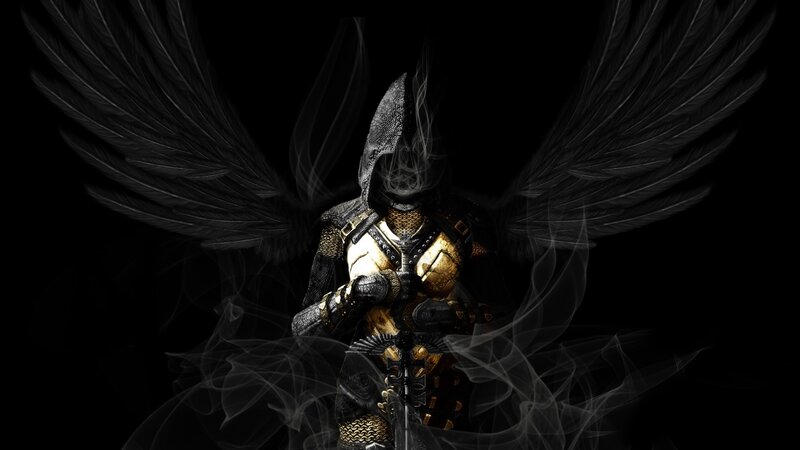 Armored Figure with Wings — Black, Dramatic, Digital Art, Armor, Smoke, Gold