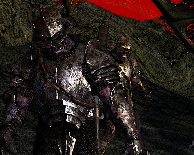 armored figures in a cave