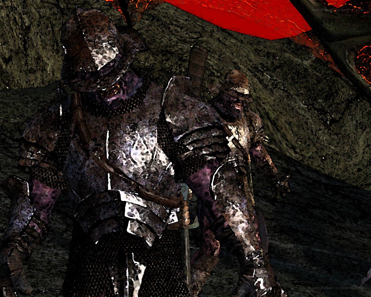 armored figures in a cave