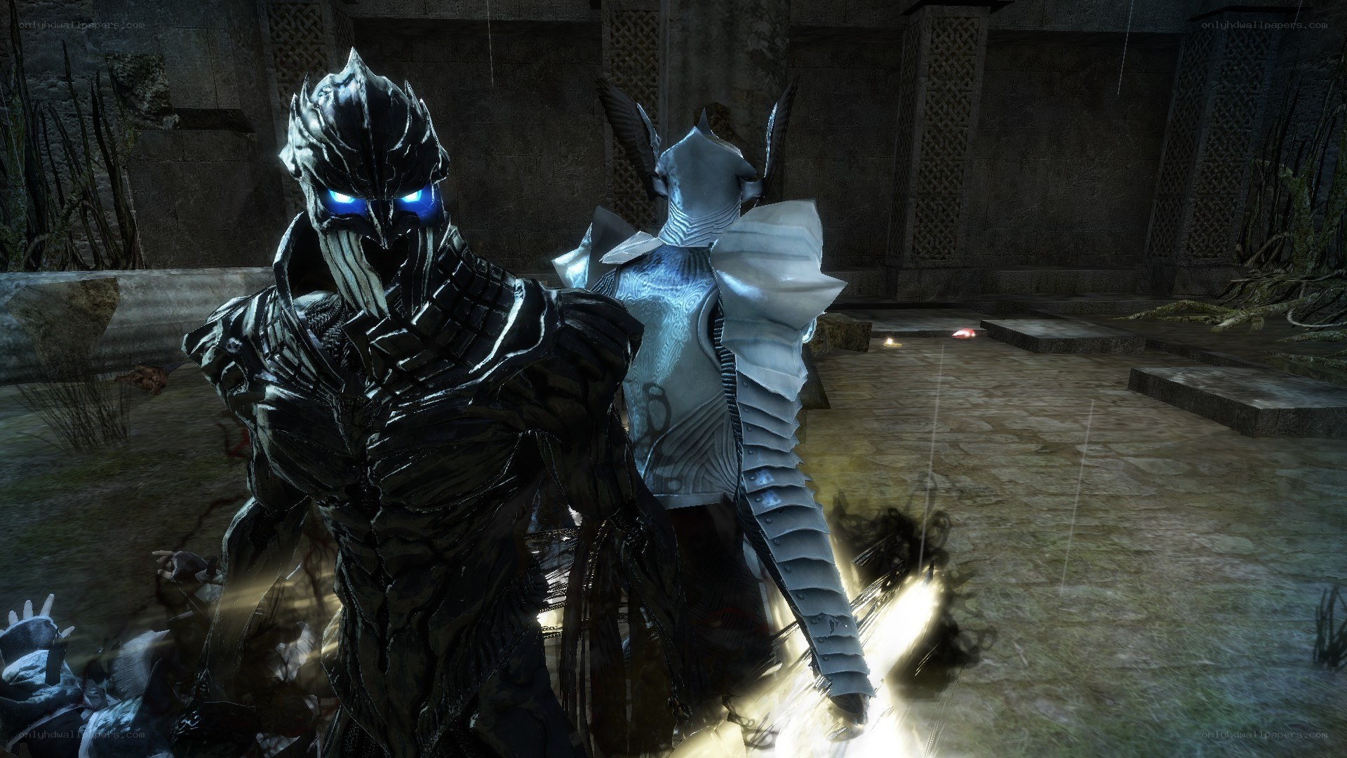Armored figures in dark chamber