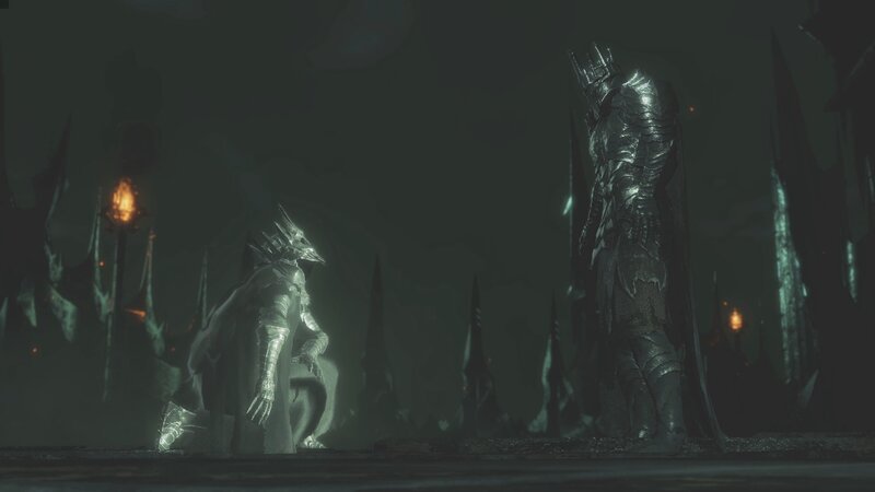 Armored Figures in Dark Hall — Black