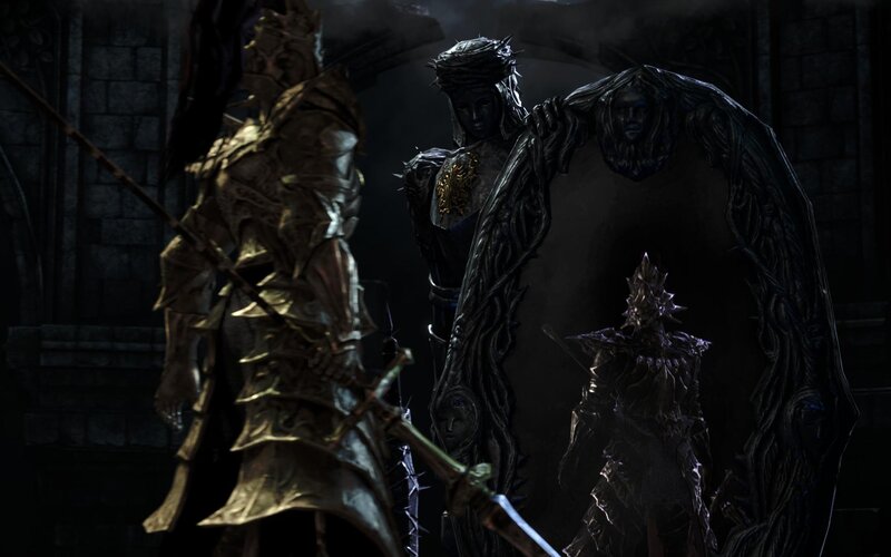 Armored Figures in Dark Hall