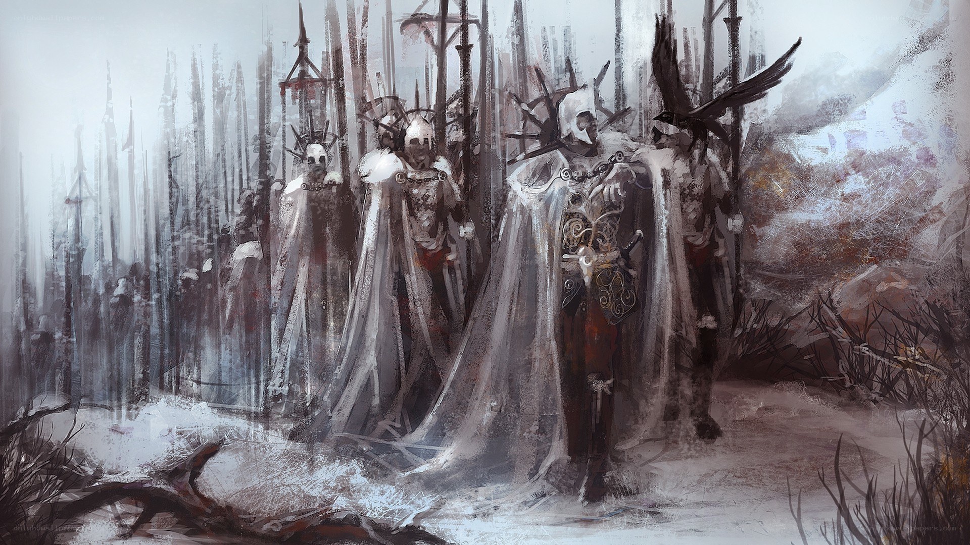 armored figures in snowy forest