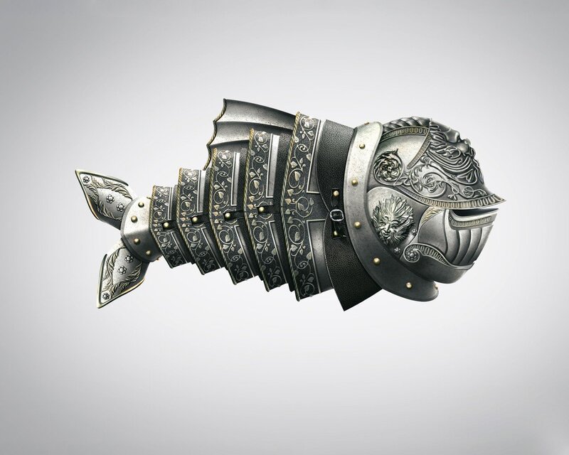 Armored Fish Sculpture — Silver, Dramatic
