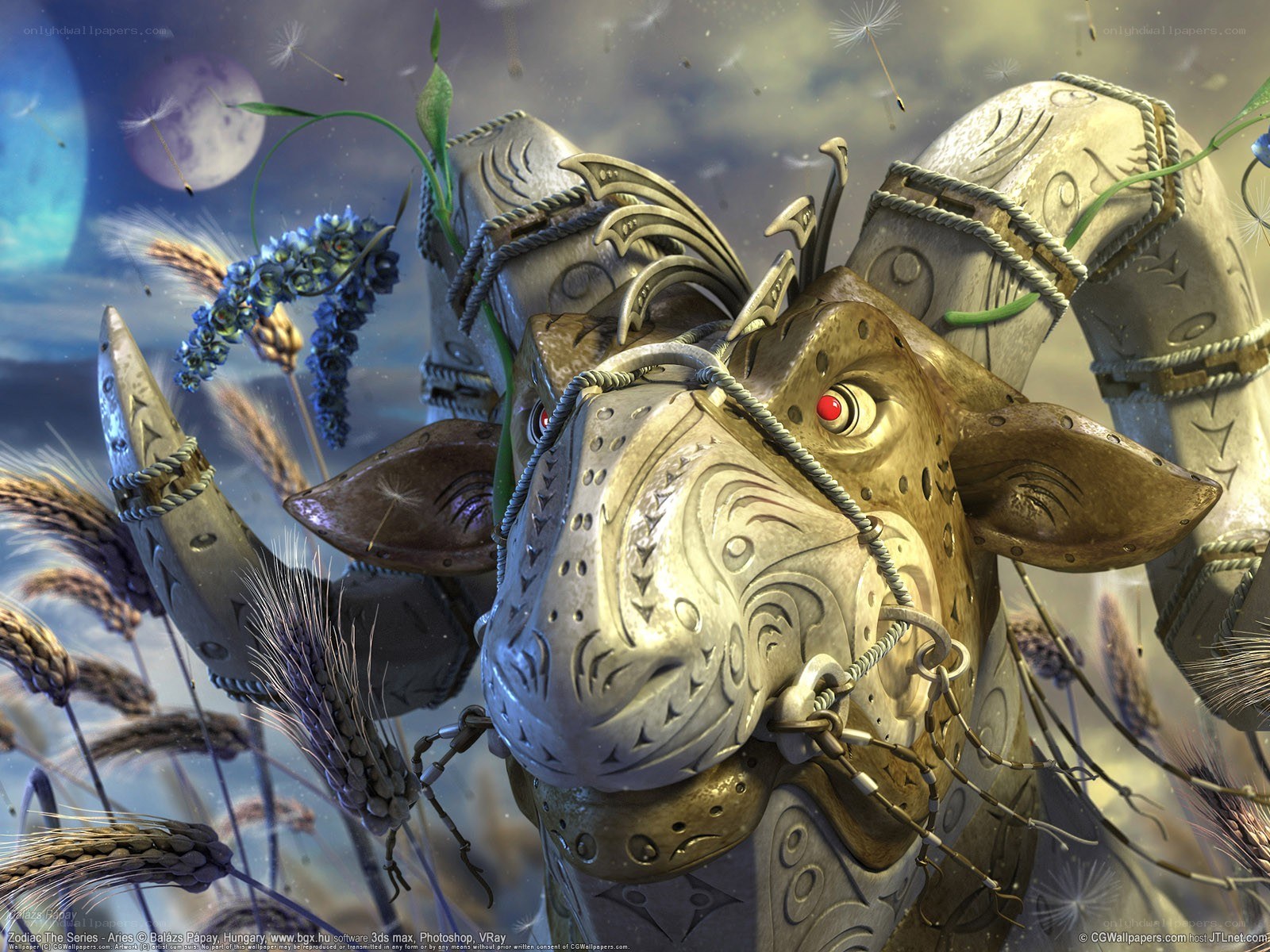 Armored goat in a wheat field