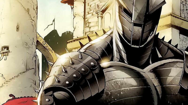 armored knight in a ruined city