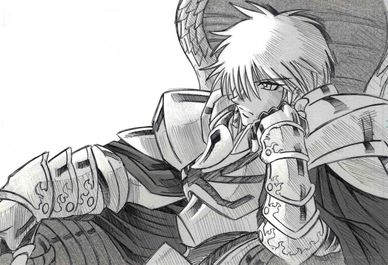 armored knight in contemplation