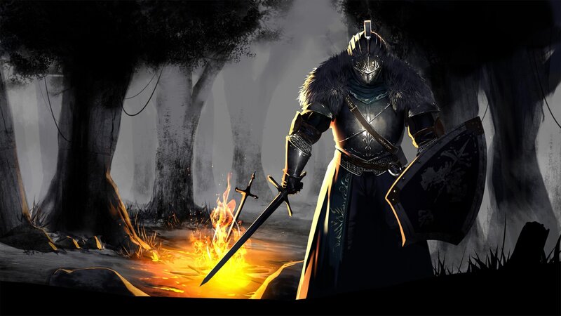 Armored Knight in Forest — Black, Dramatic, Night