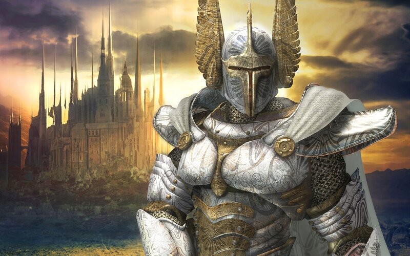 armored knight in front of castle