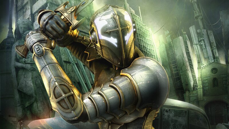 armored knight in ruined city
