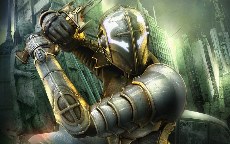 armored knight in ruined city