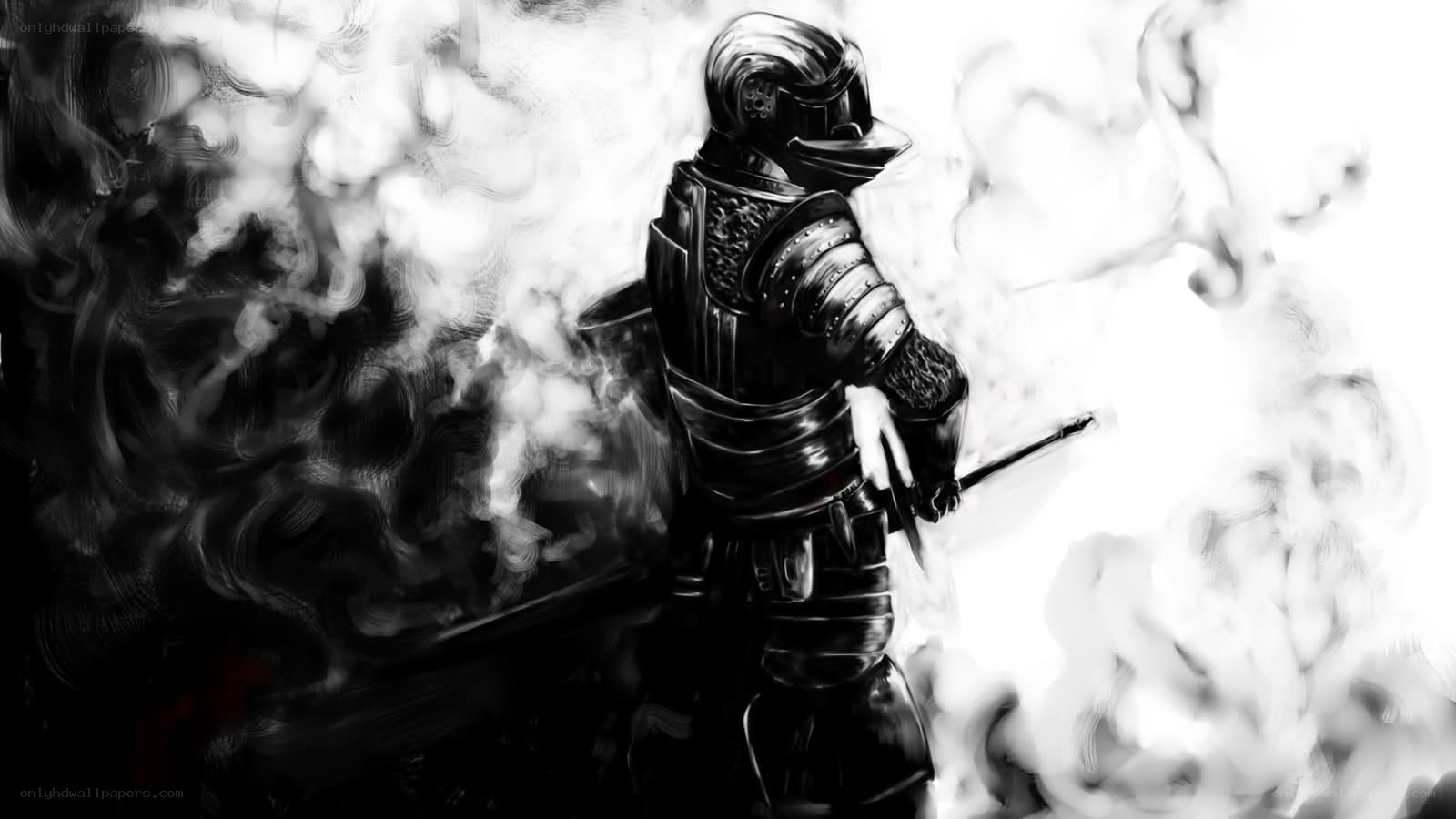 armored knight in smoke