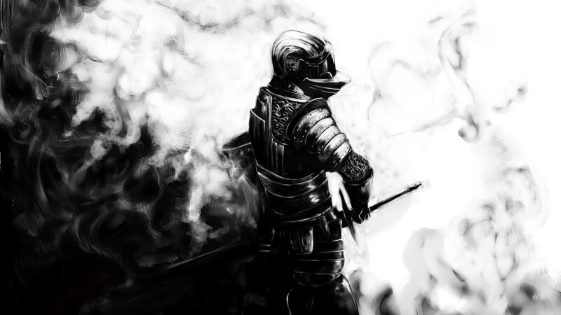Armored Knight in Smoke — Black, Dramatic