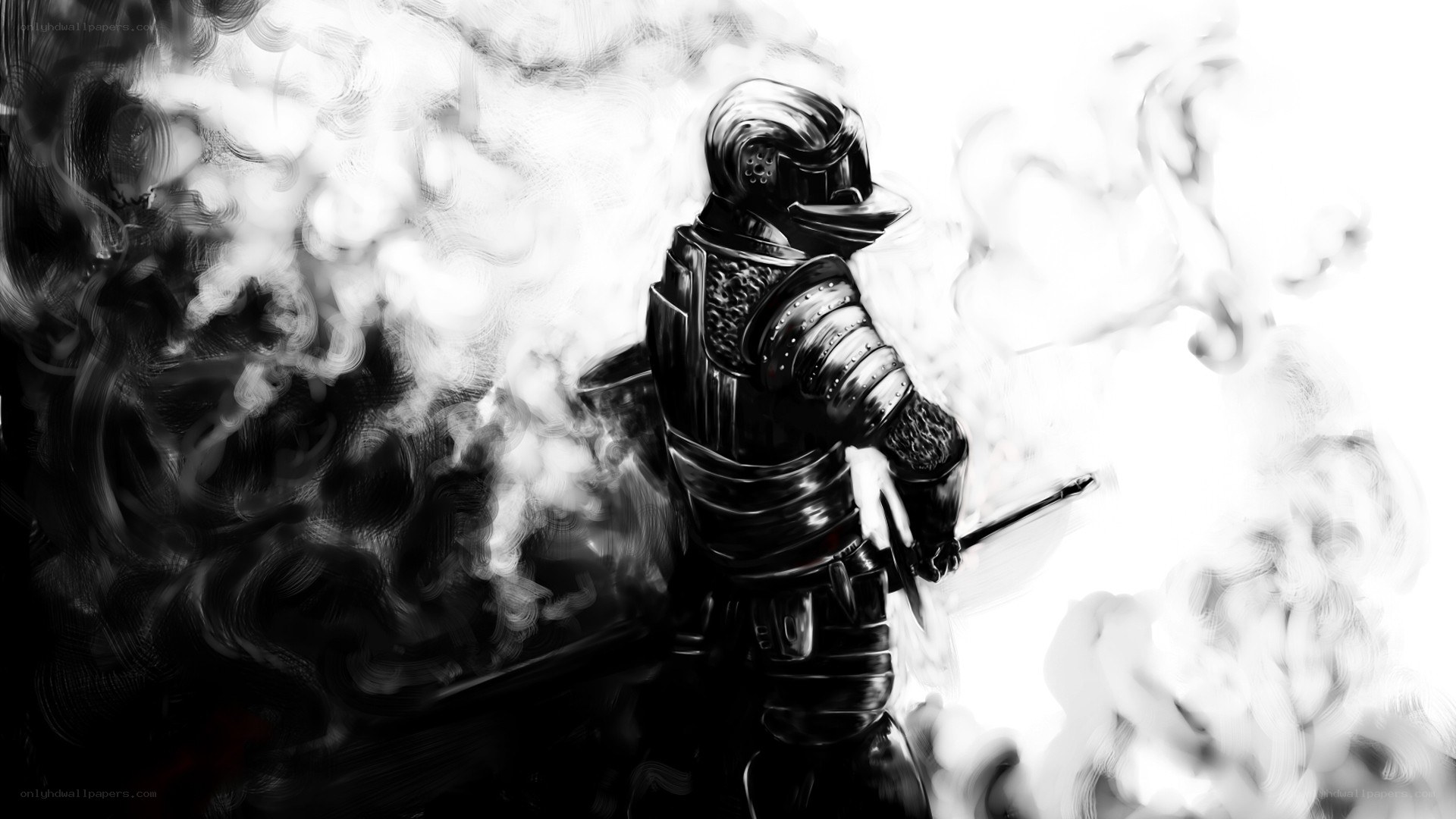 armored knight in smoke