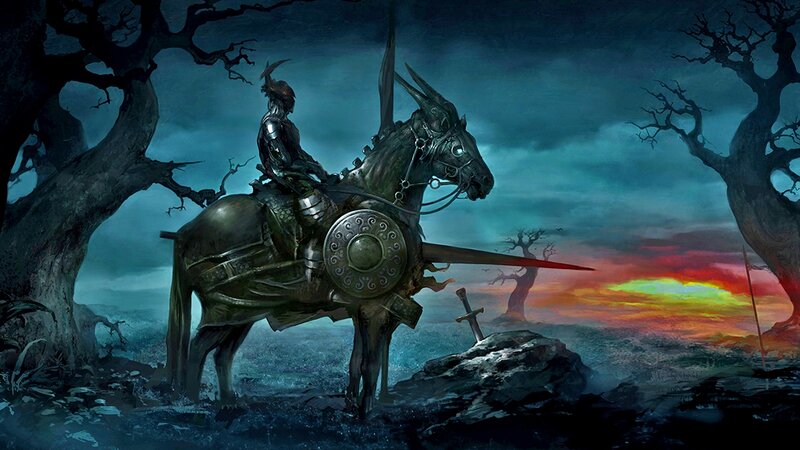Armored Knight on Horse — Blue, Dramatic, Sunset