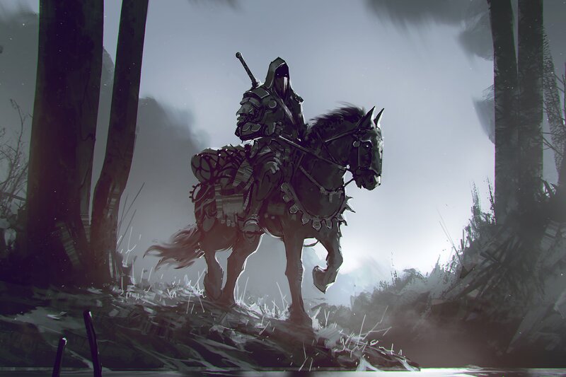 Armored Knight on Horse — Gray, Dramatic, Digital Art, Forest