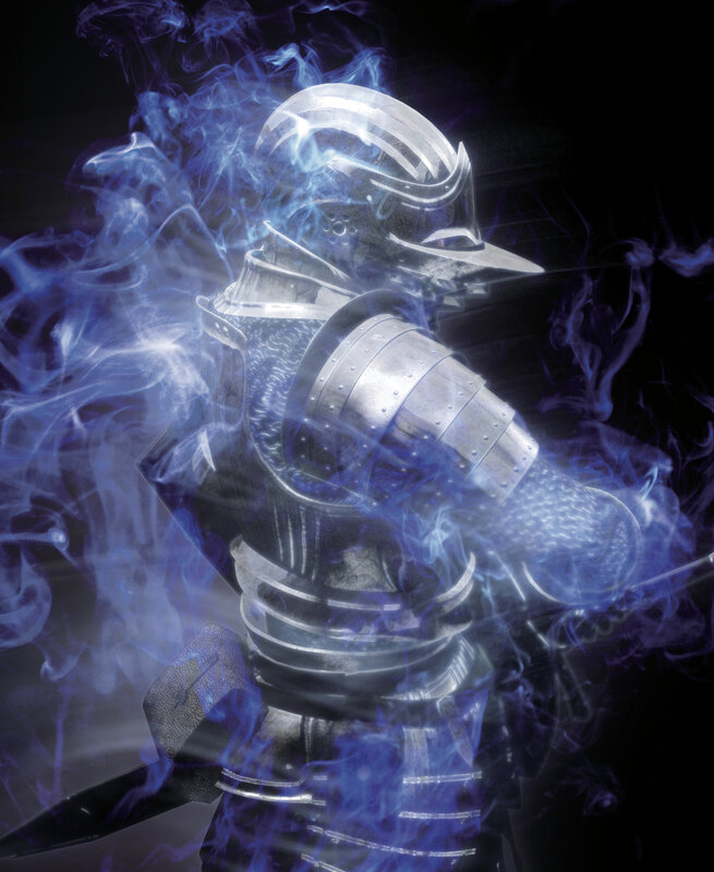 armored knight with blue smoke