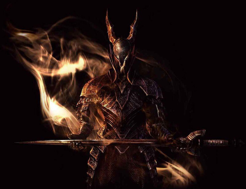 armored knight with flaming sword