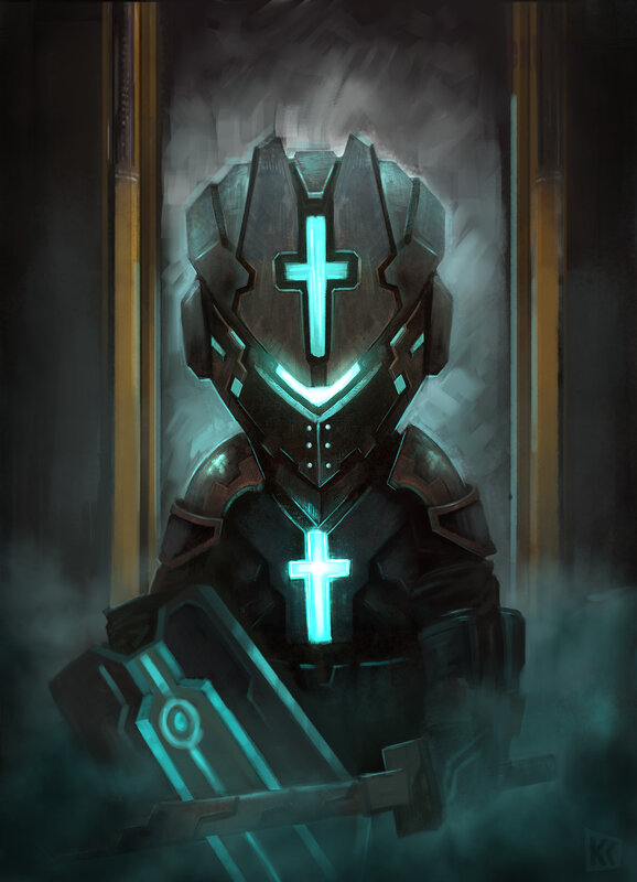 armored knight with glowing crosses