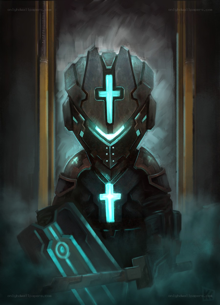 armored knight with glowing crosses
