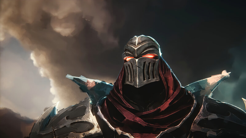 Armored Knight with Glowing Eyes — Gray, Dramatic